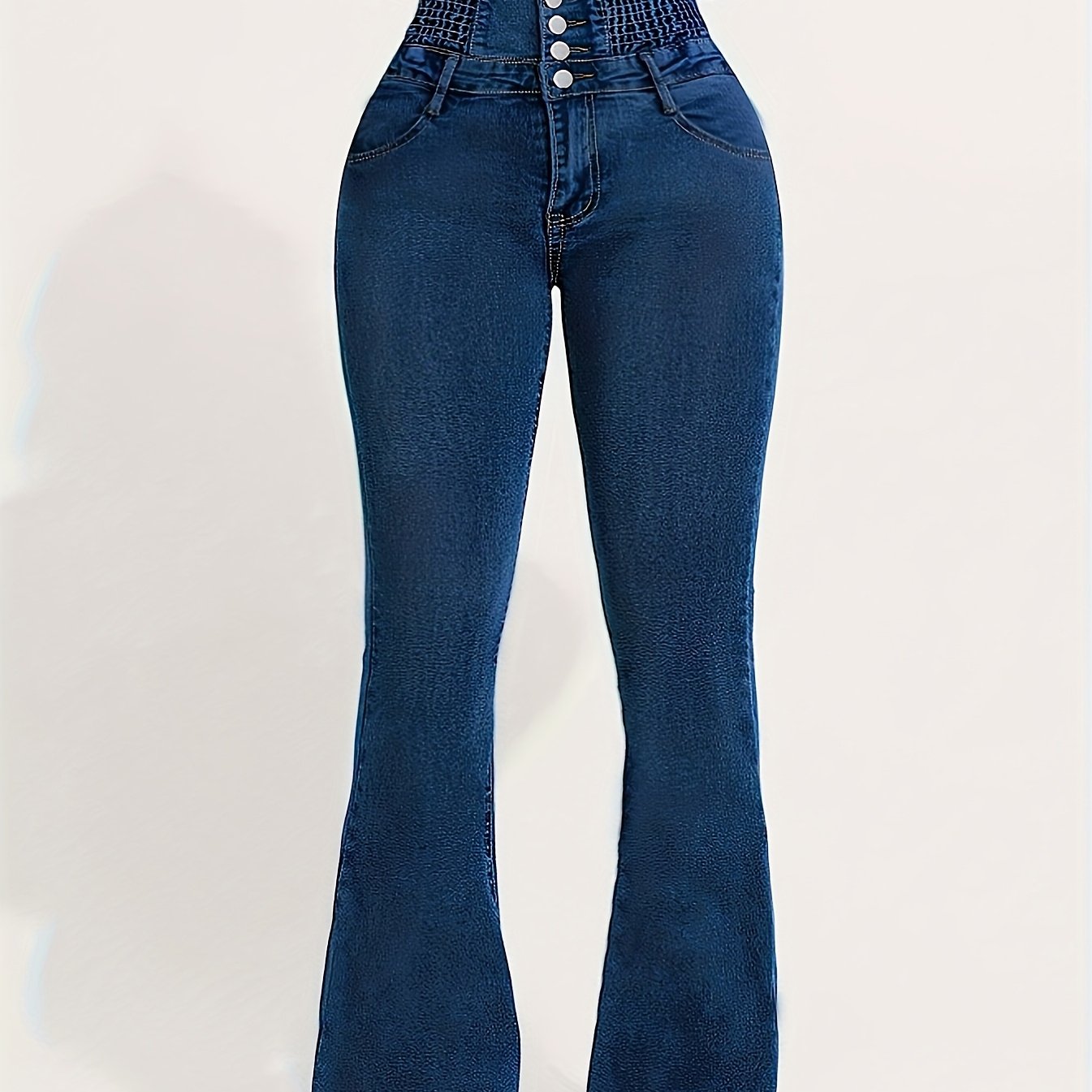 High Waist Flare Leg Jeans for Women, Vintage Style, with Shirring Detail, Button Fly and Zipper Closure, Multiple Pockets, Washed Solid Blue Denim, Elastic High Stretch, for All-Season Wear