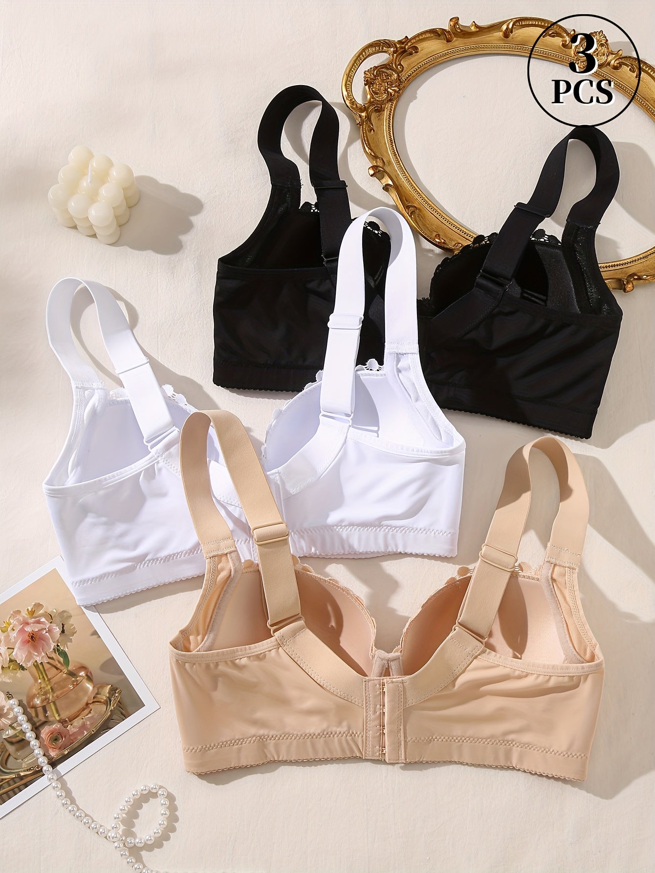 3pcs Elegant Ladies Sexy Lace Bra with Steel Cup - Non-detachable Pads, Exquisite Floral Pattern, Comfortable Support Design, Everyday Lingerie, Women's Undergarments, Feminine Lingerie, Stylish Bralettes, Delicate Stitching,