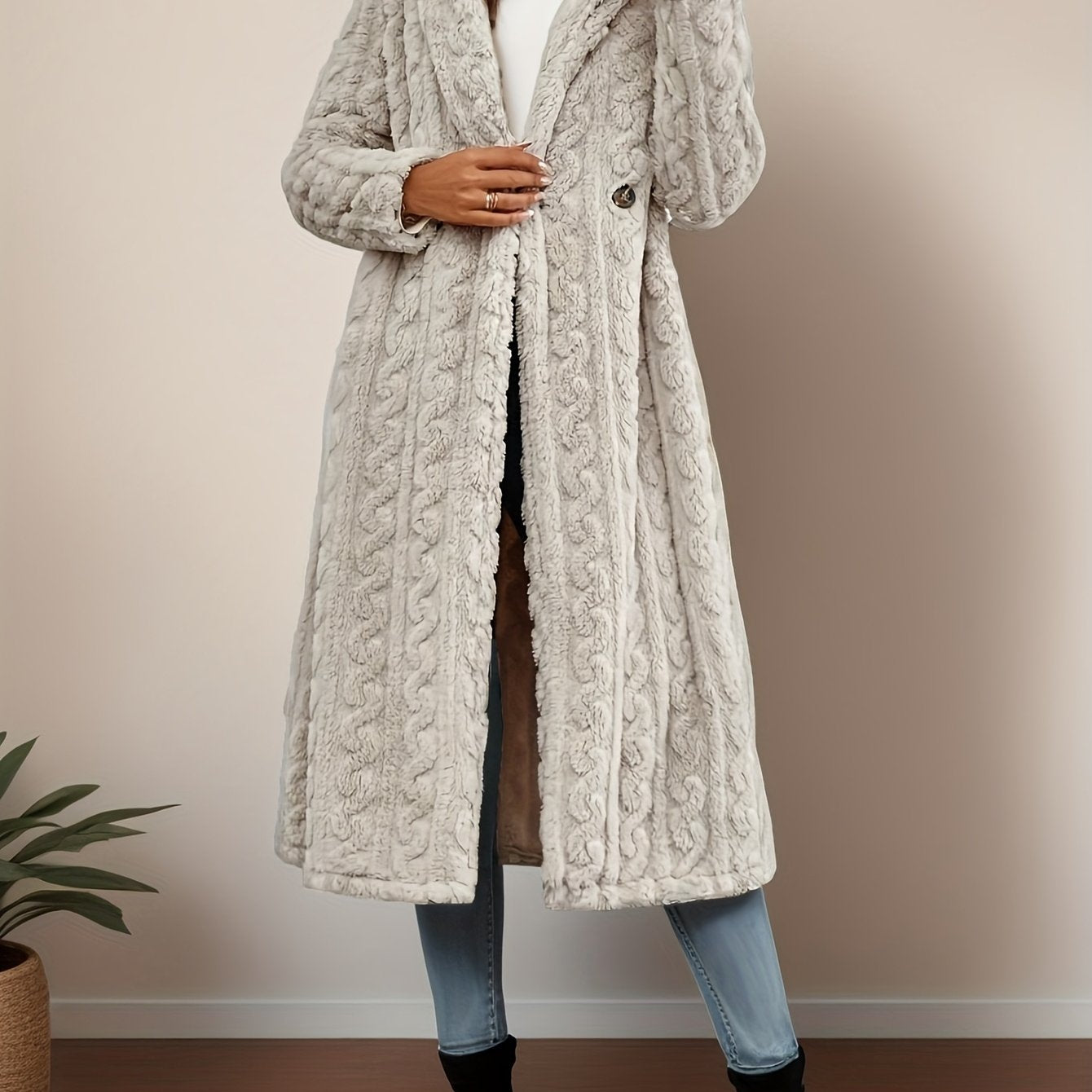 Women's Black Cable Longline Coat: Hooded Design (windproof & Trendy) + Cable Texture (luxurious Quality) + Extra-Long Fit (hides Flaws & Elongates Legs) + Thick & Warm (cold-resistant) + Black Hue (versatile for Any Outfit)