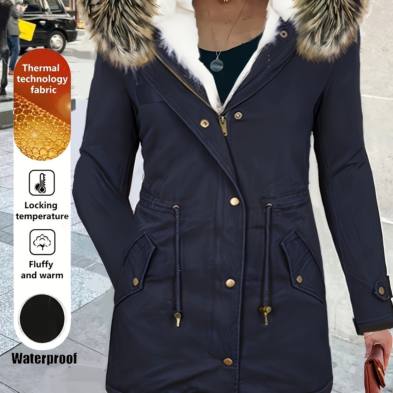 Women'S Thermal Insulated Fleece-Lined Military Parka Coat with Detachable Faux Fur Hood & High Quality High Quality Fabric - Heavy-Duty Winter Jacket, Full-Zip Closure, Golden-Tone Hardware, Utility Pockets, Adjustable Draws