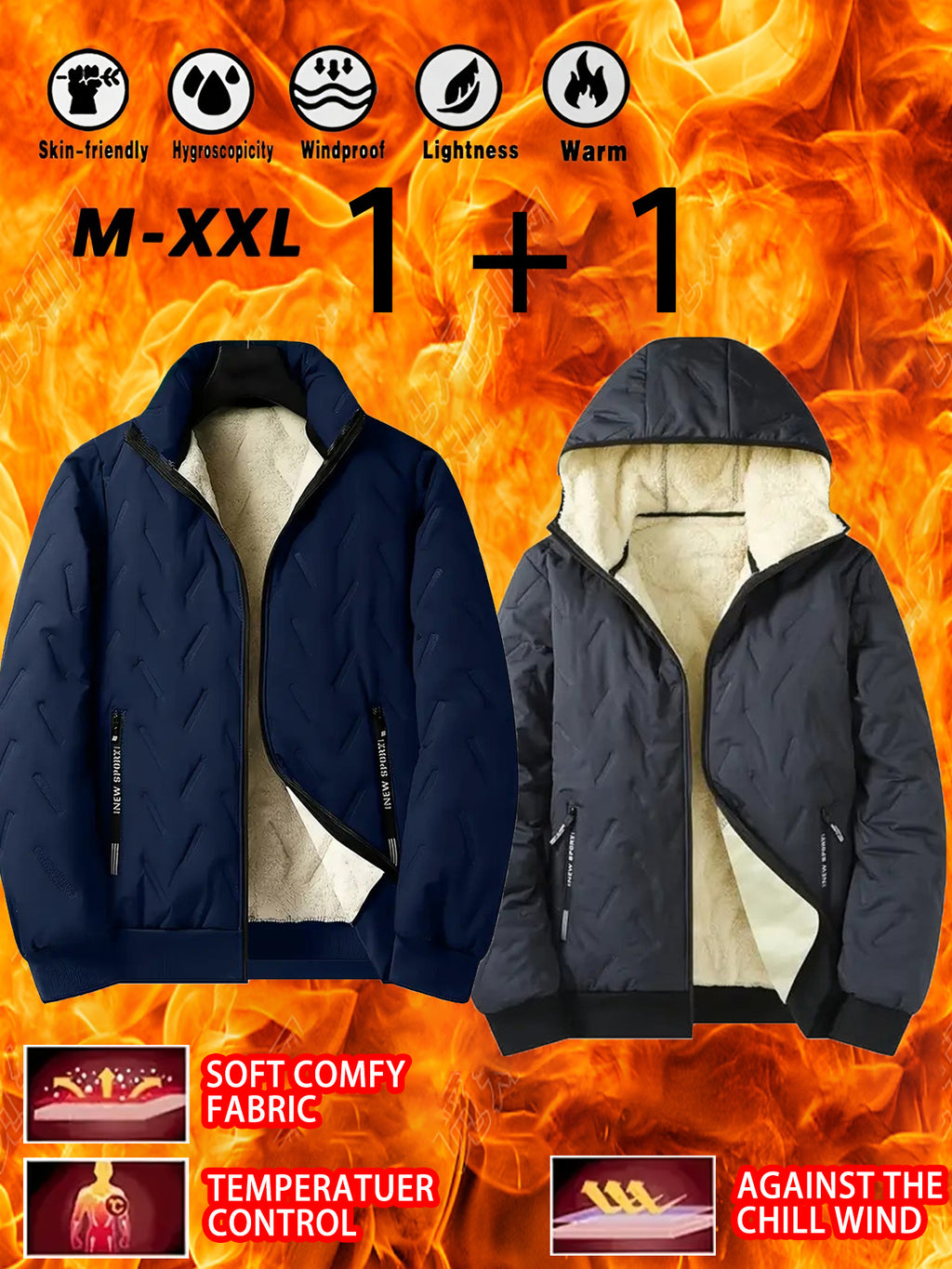 2pcs - High quality two-piece Men's standing collar jacket, long sleeved jacket, Men's hooded long sleeved jacket, Men's winter casual jacket set, with plush lining polyester fabric zipper pocket, suitable for sports, leisure
