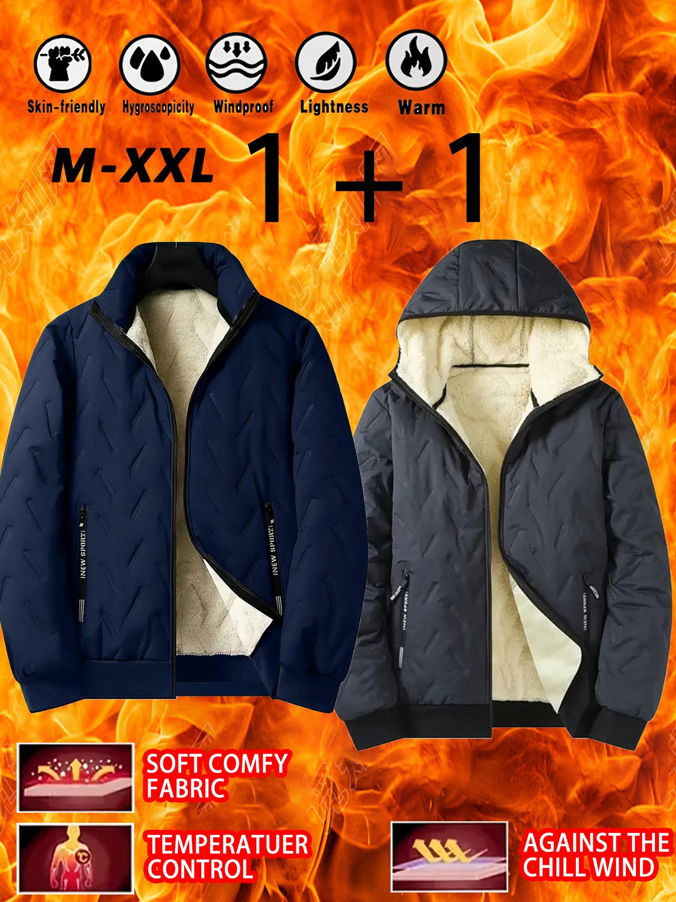 2pcs - High quality two-piece Men's standing collar jacket, long sleeved jacket, Men's hooded long sleeved jacket, Men's winter casual jacket set, with plush lining polyester fabric zipper pocket, suitable for sports, leisure