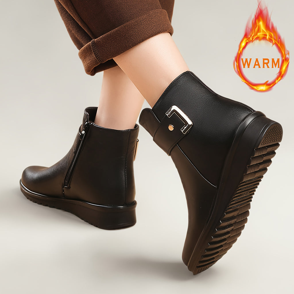 Women's Fleece-Like Winter Boots with Dress Compatibility - Retro Round-Toe Ankle Booties, Golden-Tone Buckle-Like Zipper Closure, Faux Cover Upper & PU Sole, Warm Round Heel for Dresses/Coutfits (Casual/Dressy) - Hand Washab