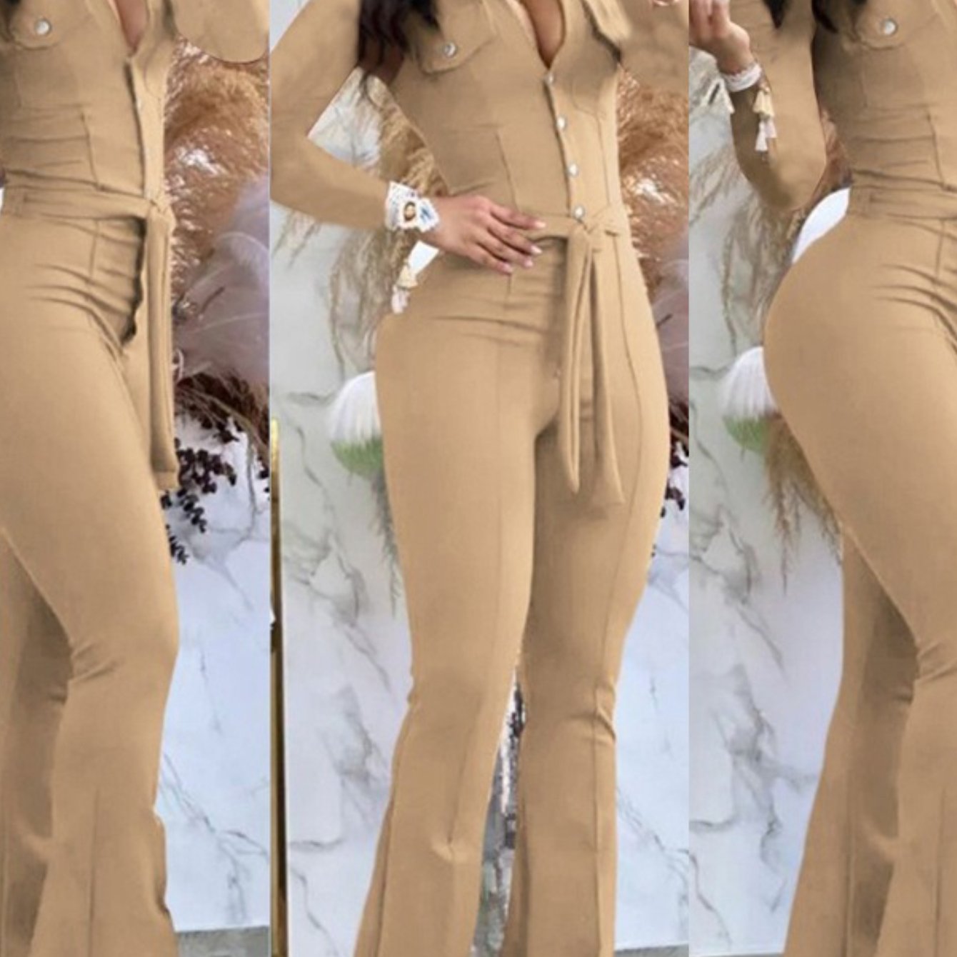 Women'S Casual Button-Front Collar Flared Cargo Jumpsuit with Belt - Vibrant Pink Wide-Leg Pants, Adjustable Waist & Functional Pockets, Cozy Winter Outfit for Everyday & Semi-Formal Wear, Easy-Care Durable Fabric (No Ironing