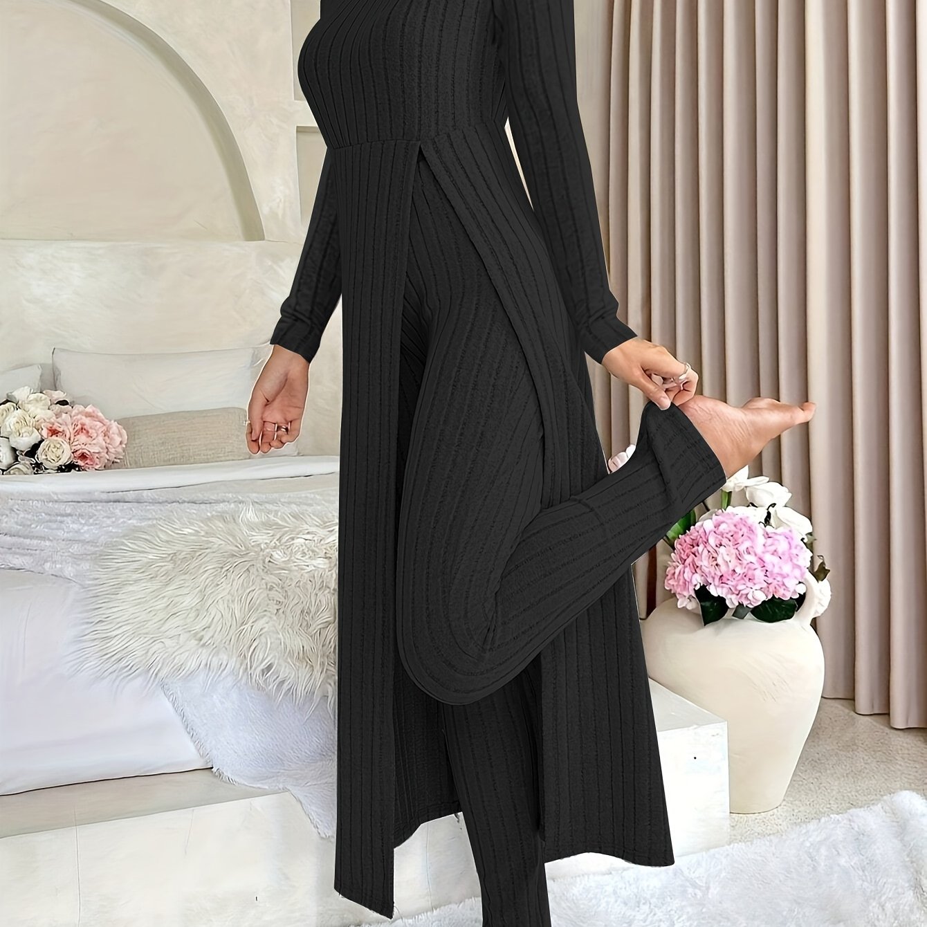 [Targeted]Two-piece Set of Ribbed Long-sleeved Top and Pants for Women
