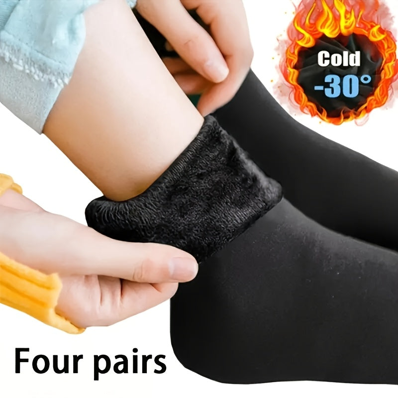 4 Pairs Thermal Insulated Fleece-Lined Socks - Cold-Resistant up to -30°C, Mid-Calf Thick Knit Polyester Socks for All-Season Outdoor Wear, Machine Washable - Perfect Christmas, Birthday & Holiday Gifts, Solid Color Design,