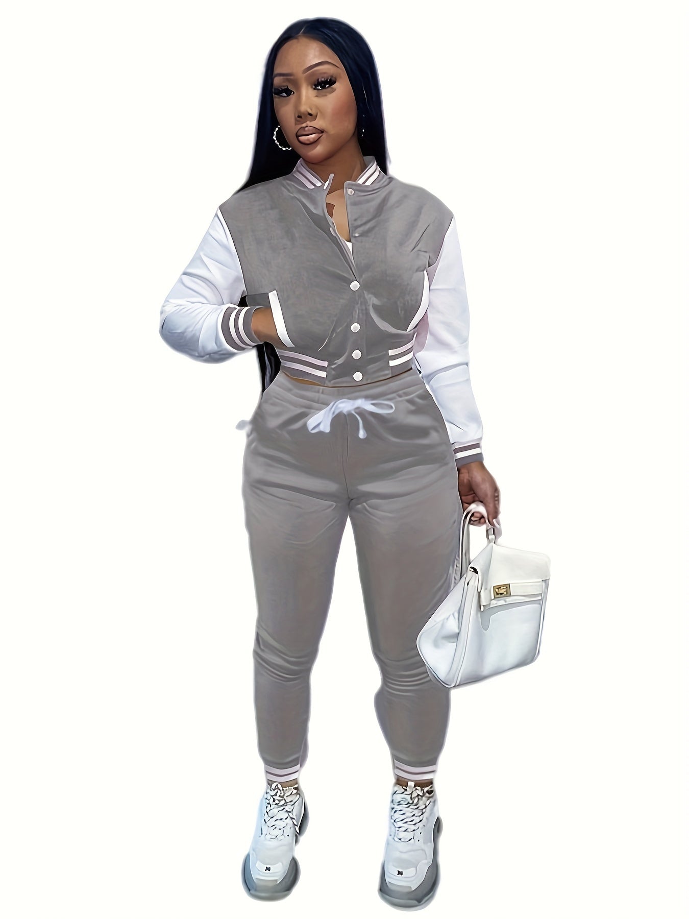 Women'S Casual Baseball Jacket and Pants Set - Solid Color, Long Sleeve, Regular Fit, Two-Piece with Single-Breasted Buttons, Casual |Casual Style|Singlebreasted Jacket