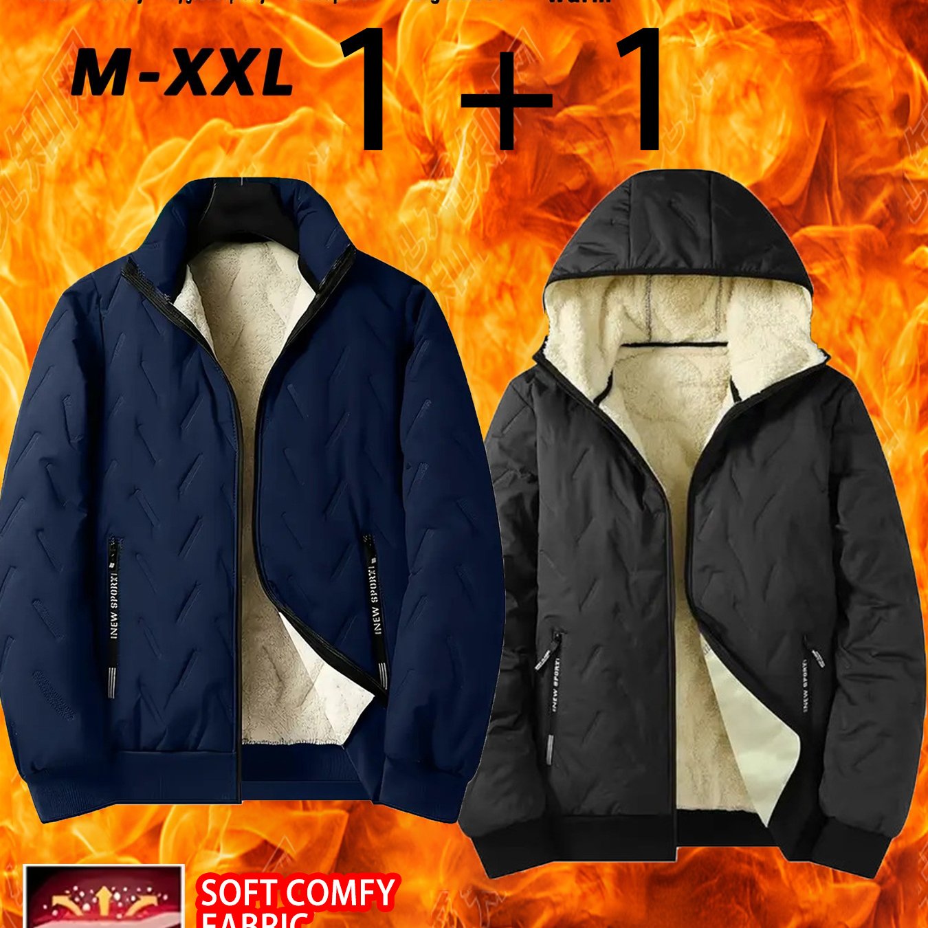 2pcs - High quality two-piece Men's standing collar jacket, long sleeved jacket, Men's hooded long sleeved jacket, Men's winter casual jacket set, with plush lining polyester fabric zipper pocket, suitable for sports, leisure