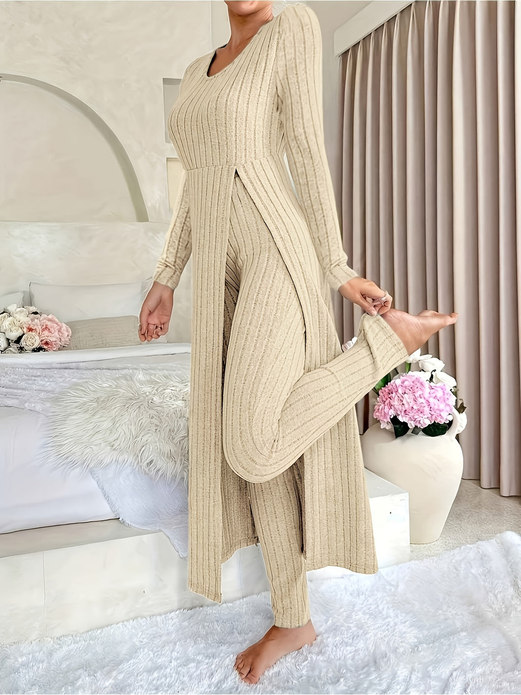 [Targeted]Two-piece Set of Ribbed Long-sleeved Top and Pants for Women