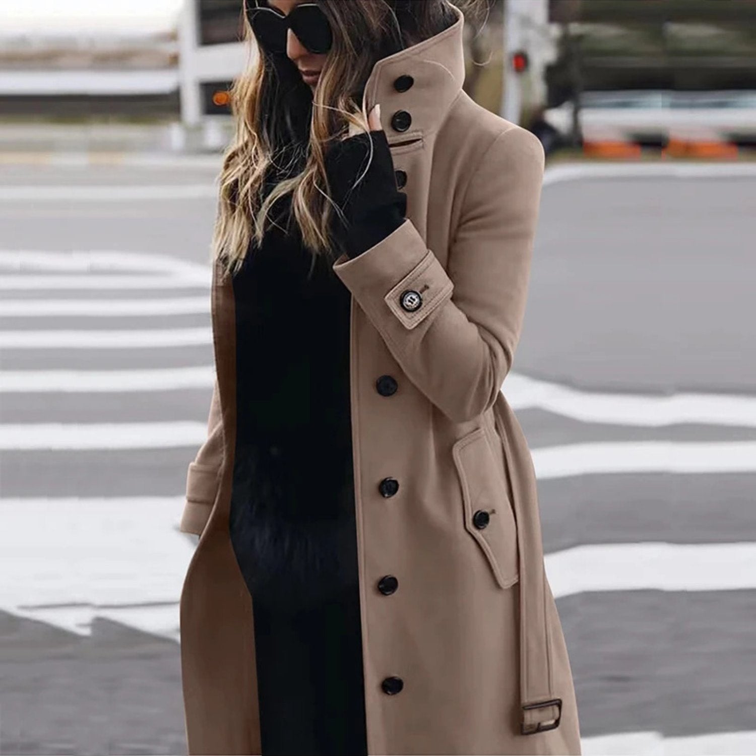 Women's Elegant Single-Breasted Stand Collar Winter Pea Coat - Long Midi Length Jacket with Pockets, Solid Color Business Casual Outerwear for or Cold Weather, Hand Washable Coat