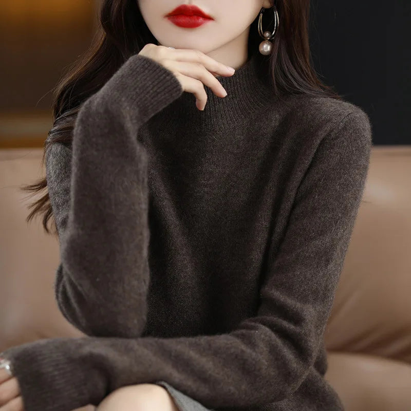 Autumn Winter Women Sweater Korean Fashion Warm Bottoming Shirts Half High Collar Basic Knitwear Solid Long Sleeve Pullovers