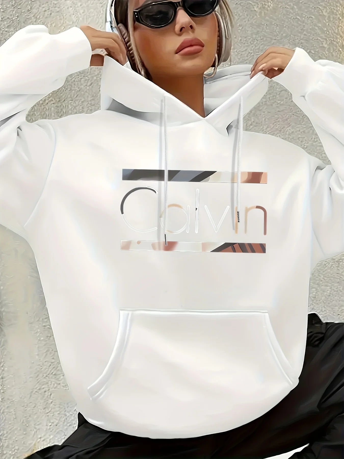 Women'S Vintage Inspired Calvin Letter Print Hoodie Long Sleeve Kangaroo Pocket with Calvin Design Casual Wear Hoodie Vintage