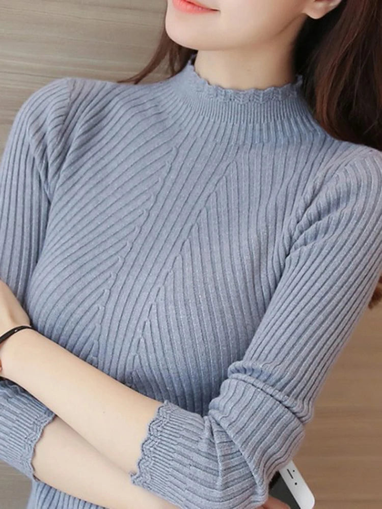 2025 Autumn Women Mock Neck Ruffles Sweater Long Sleeve Knitted Bottoming Solid Pullovers Stripe Women Casual Sweater Winter