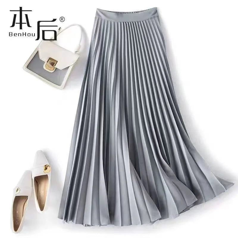 Women Vintage Midi Skirt Wide Elastic Waistband High Waist Pleated A-Line Skirt Summer Solid Color Smooth Satin Long Skirts