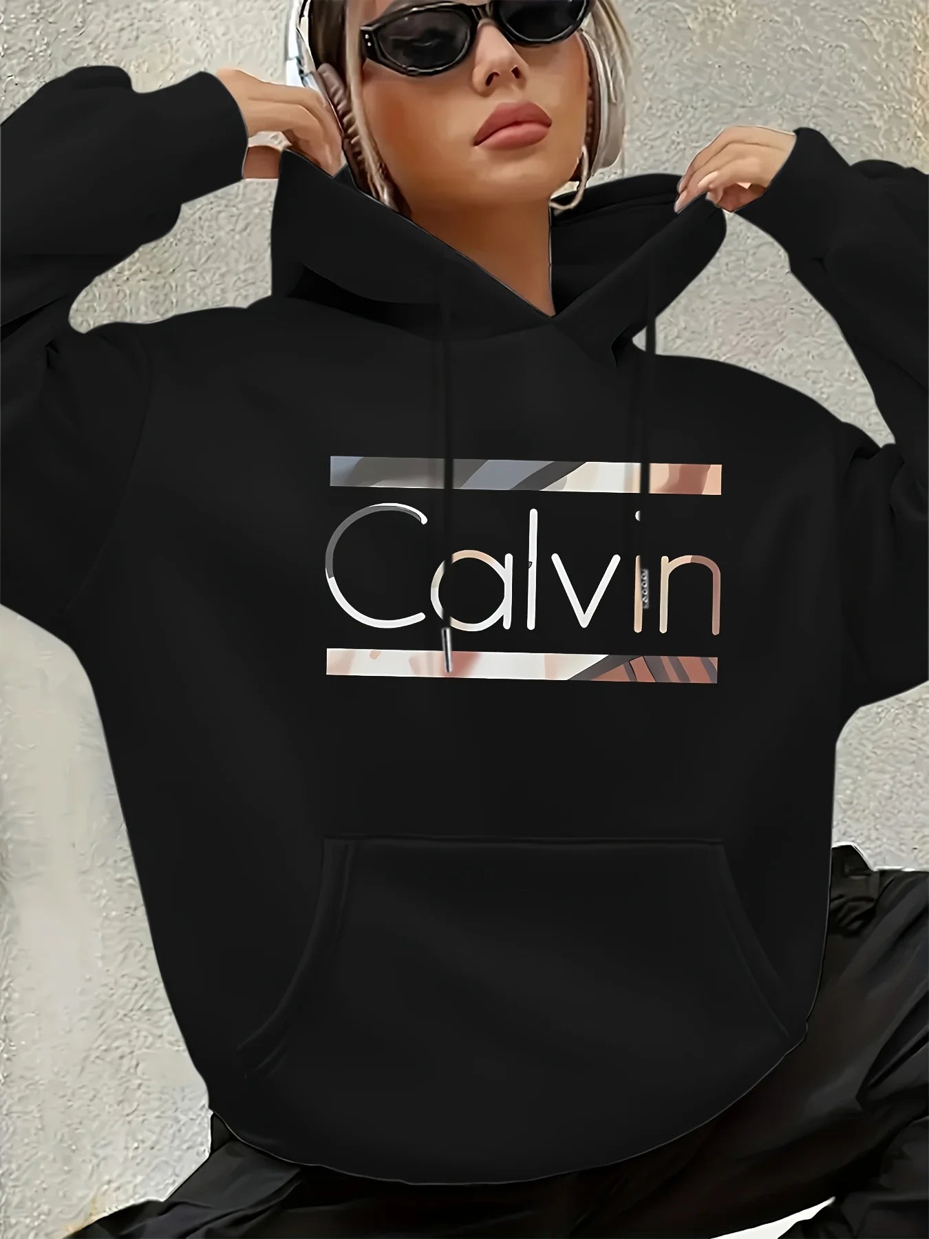 Women'S Vintage Inspired Calvin Letter Print Hoodie Long Sleeve Kangaroo Pocket with Calvin Design Casual Wear Hoodie Vintage