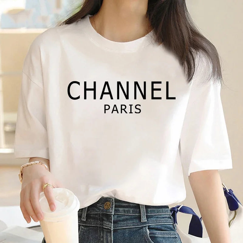 Luxury Brand Machine Washable Womens Casual Elegant Fashion CHANNEL Graphic T-shirt O-Neck Short Sleeve Top Women's Clothing