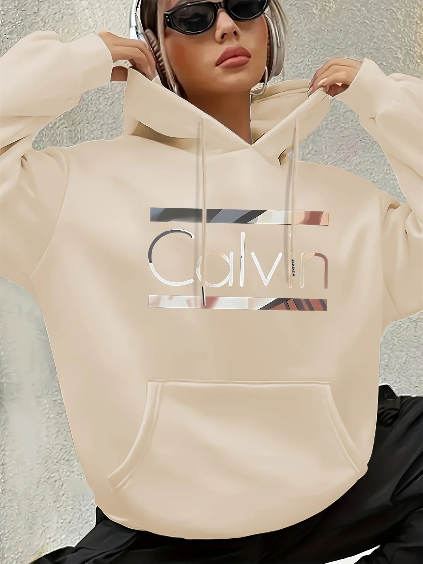 Women'S Vintage Inspired Calvin Letter Print Hoodie Long Sleeve Kangaroo Pocket with Calvin Design Casual Wear Hoodie Vintage