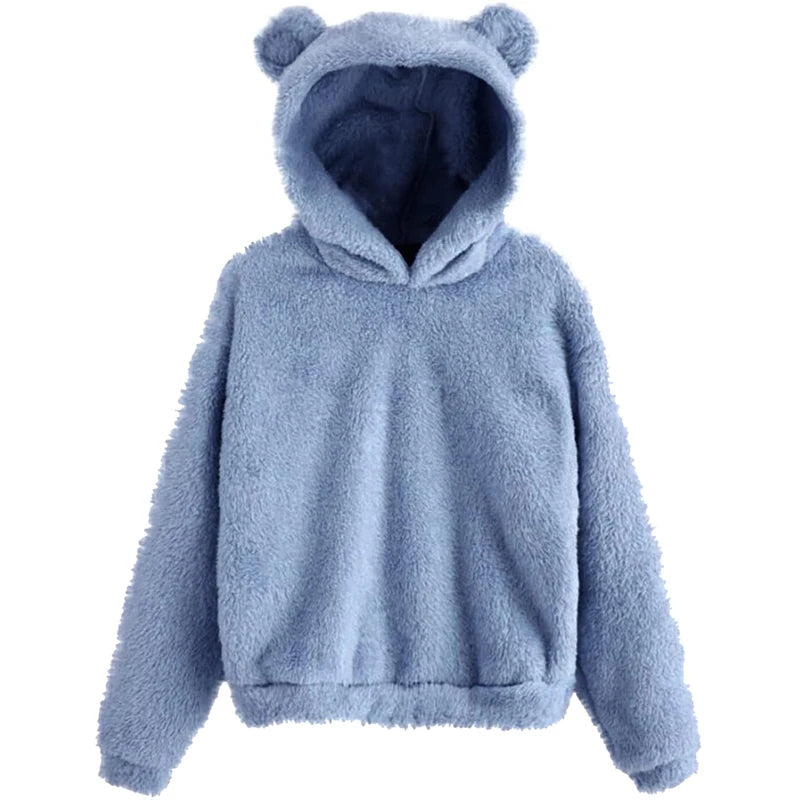 Winter Korean Fashion Bear Ears Cute Loose Hoodie Fluffy Hooded Warm Sweatshirt Long Sleeve Top Solid Pullover Clothes For Women