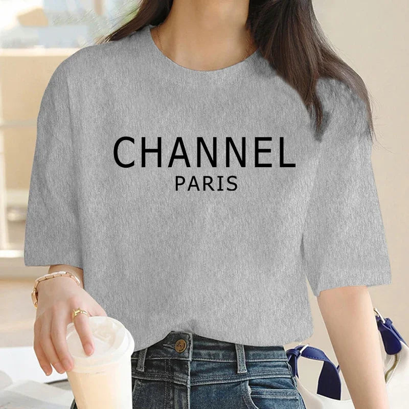 Luxury Brand Machine Washable Womens Casual Elegant Fashion CHANNEL Graphic T-shirt O-Neck Short Sleeve Top Women's Clothing