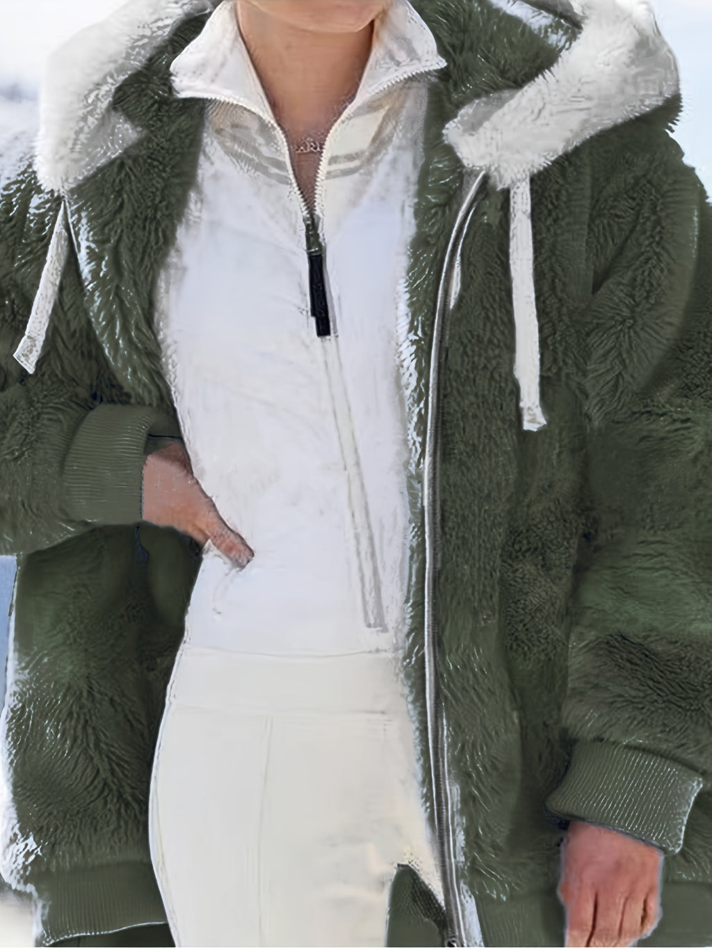 Women'S Y2K Plush Zip-Up Hooded Jacket - Mint Green Loose Fit with Pockets, Soft Faux Fur Lining, Machine Washable for Spring Summer Fall Casual Outerwear, Seasonal Fashion, Hooded Design, Durable Construction, Stylish Coat,