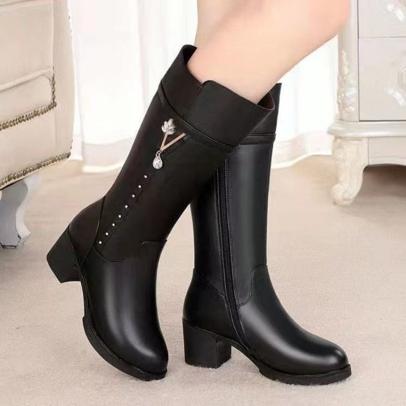 's Winter Fleece-Lined Rhinestone-Decorated Chunky Heel Mid-Calf Boots with -Like Collar-Like Trim - Round Toe Zipper Closure, Faux & Rubber Sole - Warm Snow Boots for Parties,, Everyday (Black) - Dress