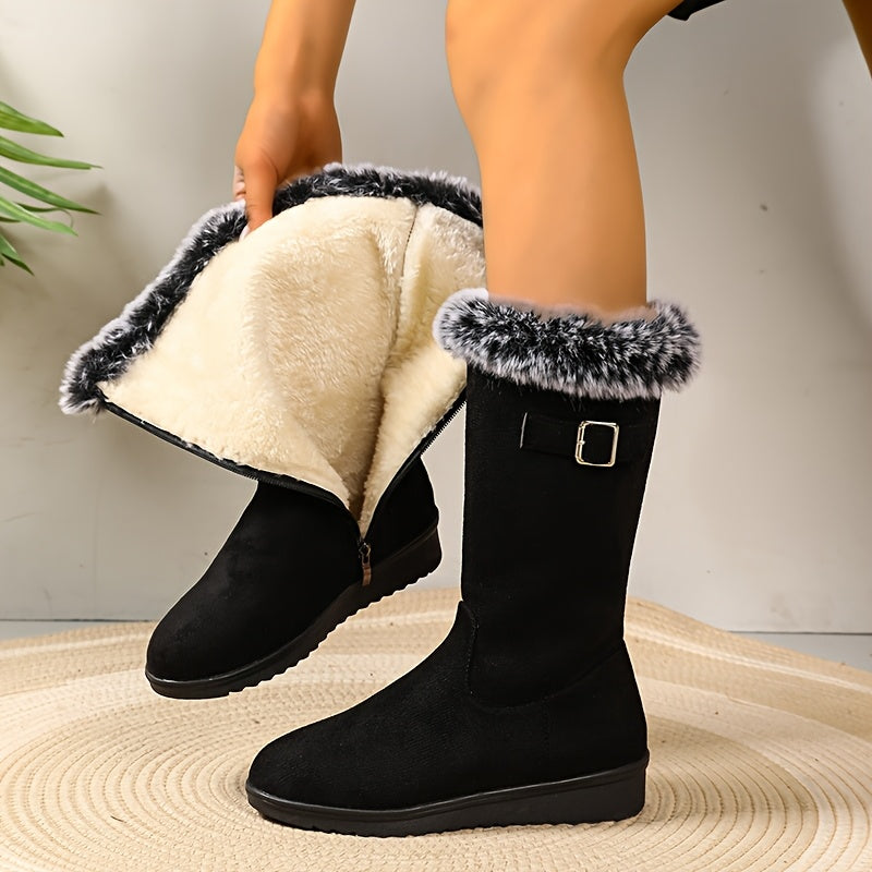Women's Winter Boots - Slip-resistant PU Sole, Soft Interior Lining - Black - Cold Weather Footwear for Everyday & Formal Events - Cozy Booties, Ladies Winter Boots, Formal Cold Boots, Fashionable Booties, Plush Fabric Lining