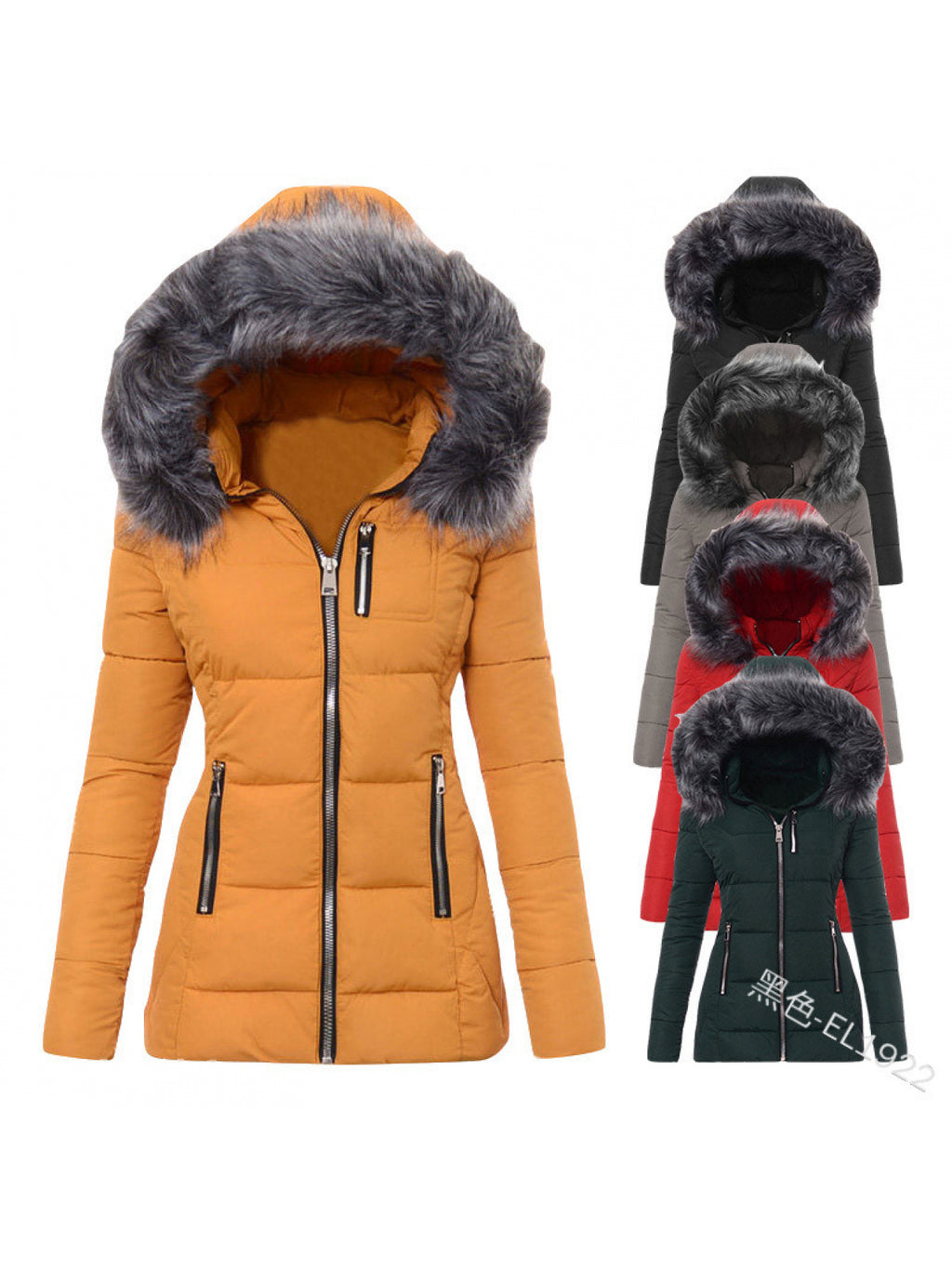 Women'S Slim Fit Winter Parka with Hooded Faux Fur Collar & Full-Zip Front - Thick Insulated Padded Jacket, Belted Waist, Long Sleeve Elegant Coat for Cold Weather, Casual & Formal Outfits (OrangeRed/Grey) - 2025 New Design,