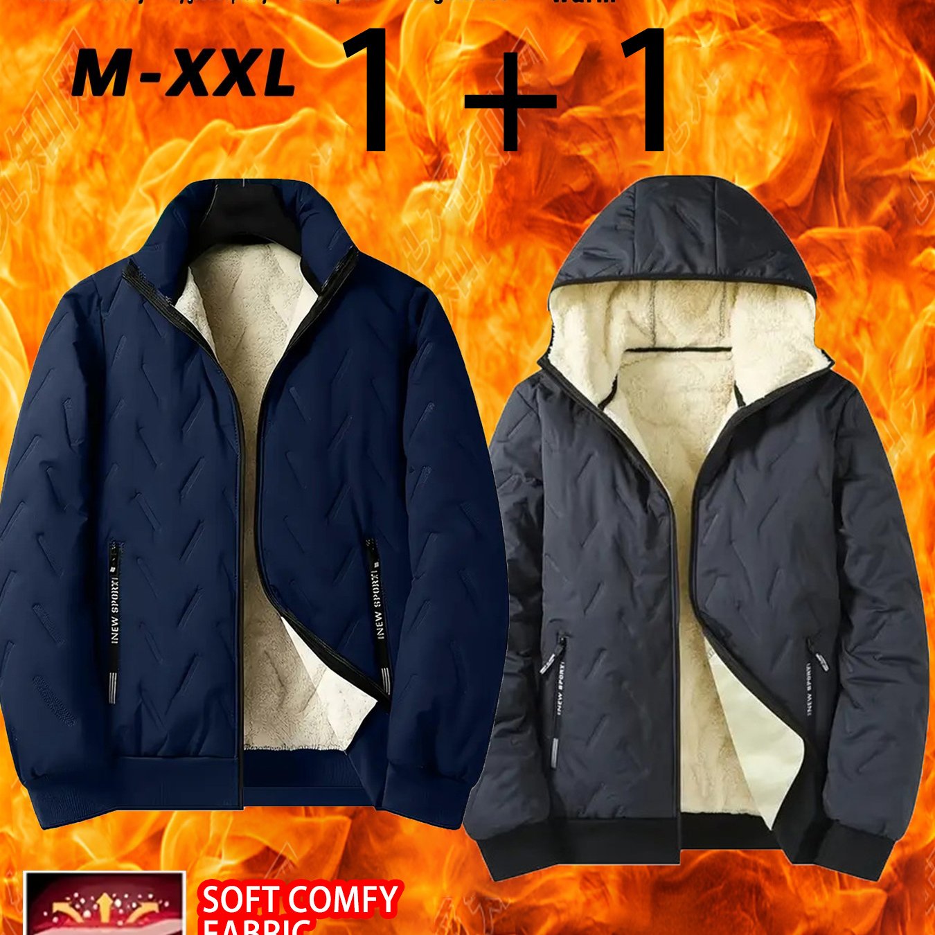 2pcs - High quality two-piece Men's standing collar jacket, long sleeved jacket, Men's hooded long sleeved jacket, Men's winter casual jacket set, with plush lining polyester fabric zipper pocket, suitable for sports, leisure