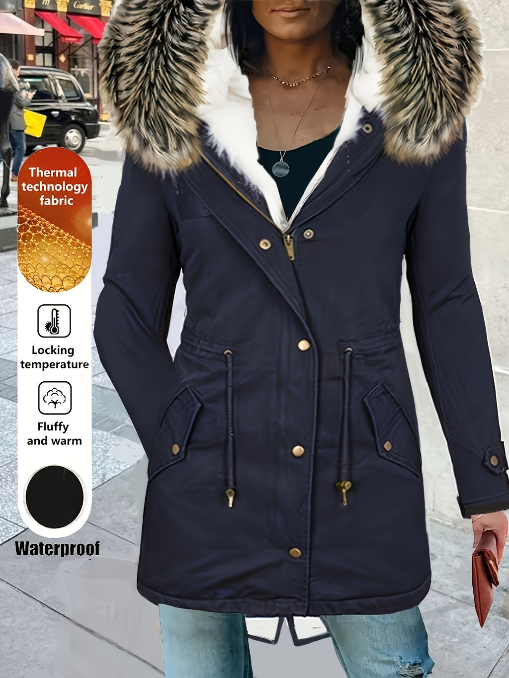 Women'S Thermal Insulated Fleece-Lined Military Parka Coat with Detachable Faux Fur Hood & High Quality High Quality Fabric - Heavy-Duty Winter Jacket, Full-Zip Closure, Golden-Tone Hardware, Utility Pockets, Adjustable Draws