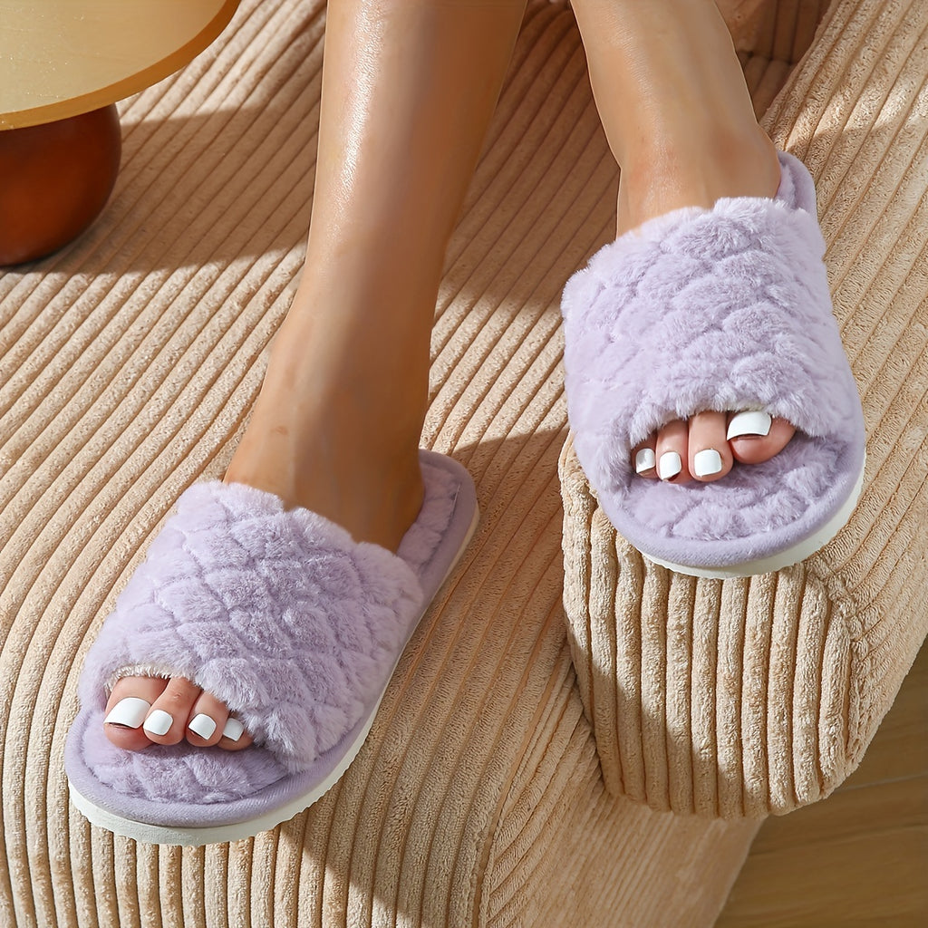 Cozy Plush Slippers - Soft Fabric Inner, Slip-Resistant EVA Sole, Plaid Pattern, Open-Toe Design, Non-Slip Flat Soft Sole, Fluffy Slides for Indoor Warmth and Comfort - Perfect for Cold Winter Days