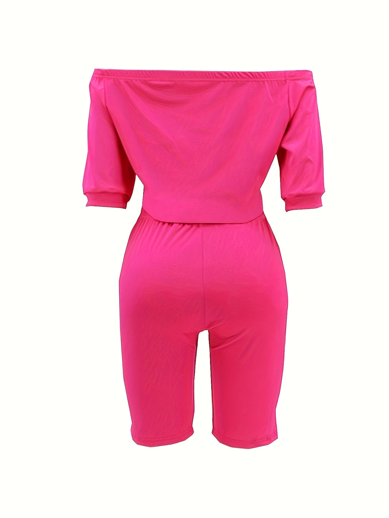Sexy Solid Fashion Pantsuits Two-piece Set, Off Shoulder Short Sleeve Tops & Slim Shorts Set, Women's Clothing