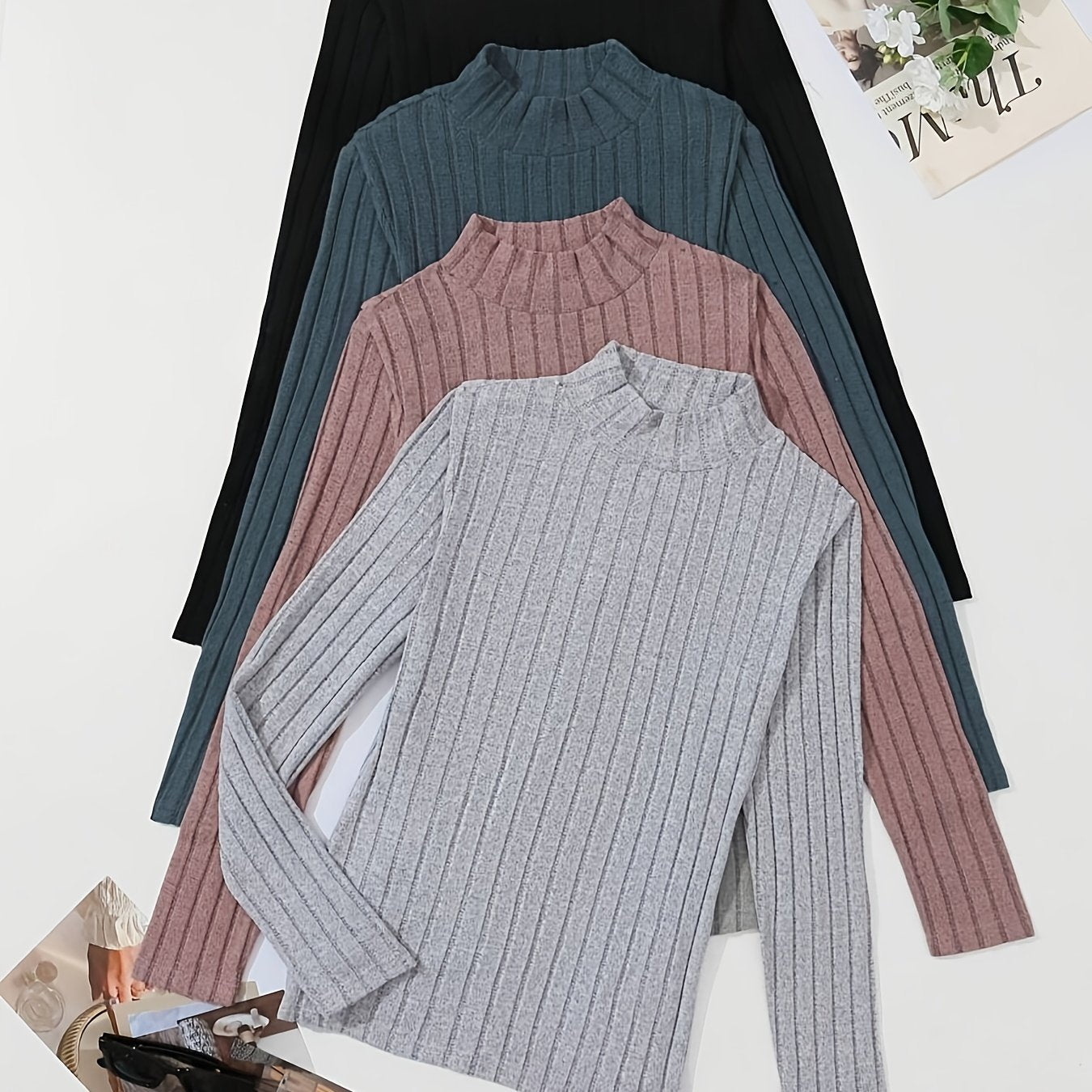 4pcs Solid Color Ribbed T-Shirt Set