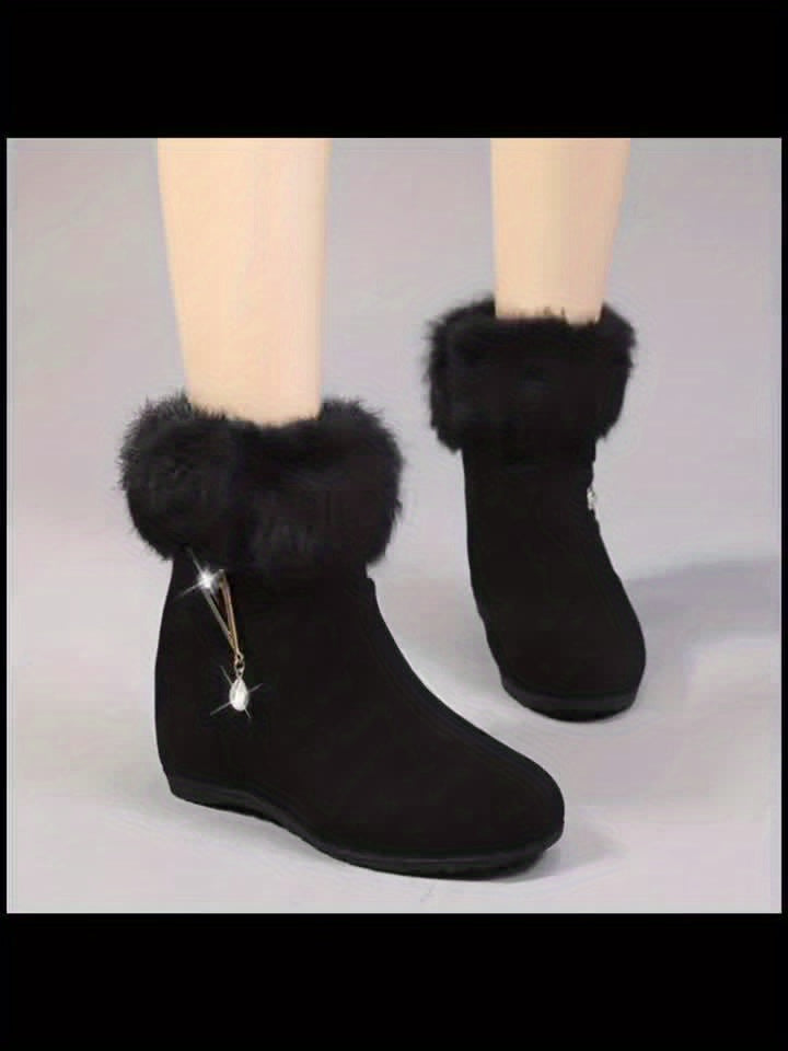 Women's Winter Fleece-Lined Thermal Boots with Rhinestone-Adorned Side Zipper & Thick TPR Sole - Cushioned Insole, Round Toe, Faux Cover Lining - Elegant Party & Everyday Boots for Women (Black) - Easy Slip-On Design, Hand Wa
