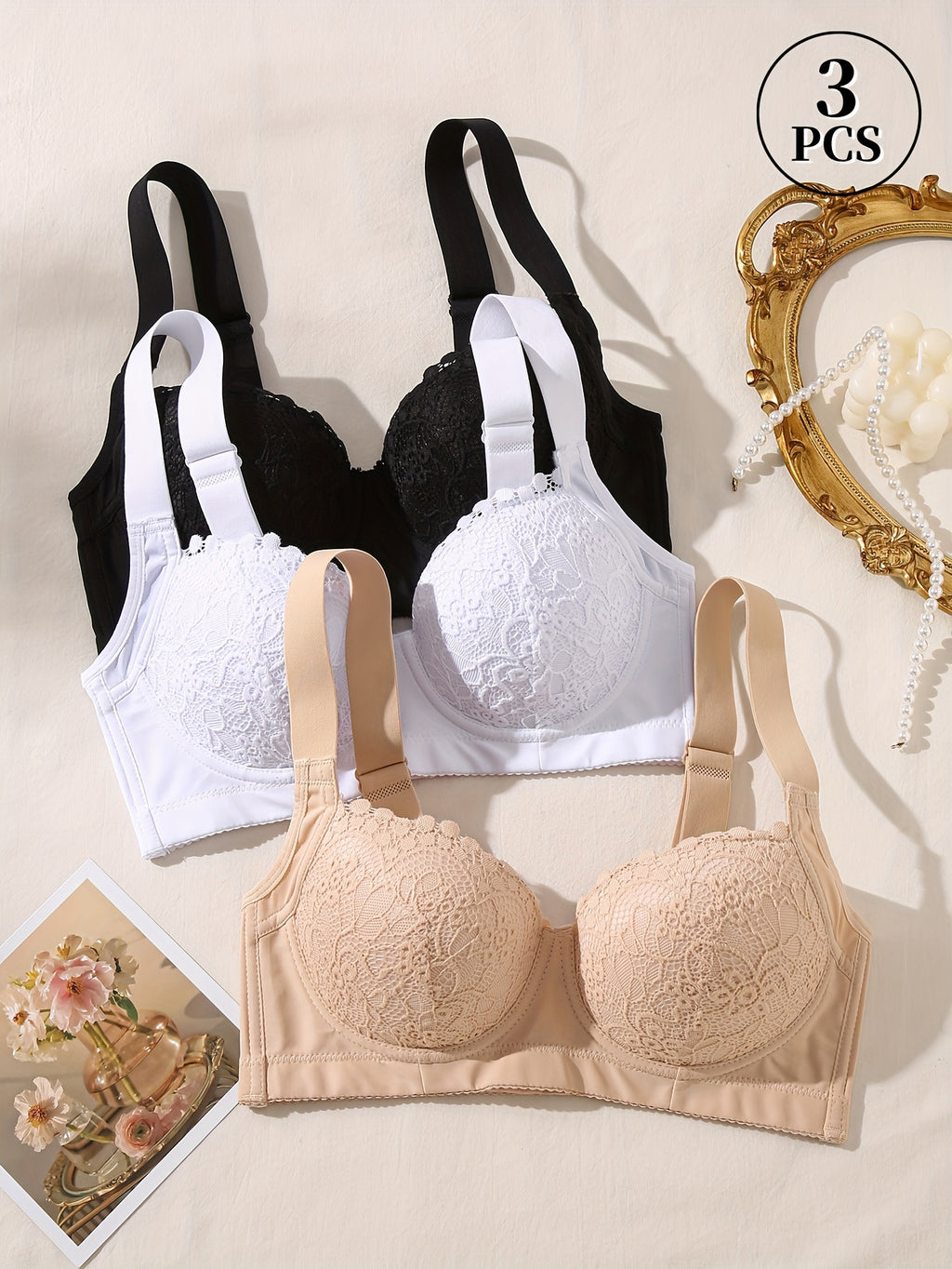 3pcs Elegant Ladies Sexy Lace Bra with Steel Cup - Non-detachable Pads, Exquisite Floral Pattern, Comfortable Support Design, Everyday Lingerie, Women's Undergarments, Feminine Lingerie, Stylish Bralettes, Delicate Stitching,