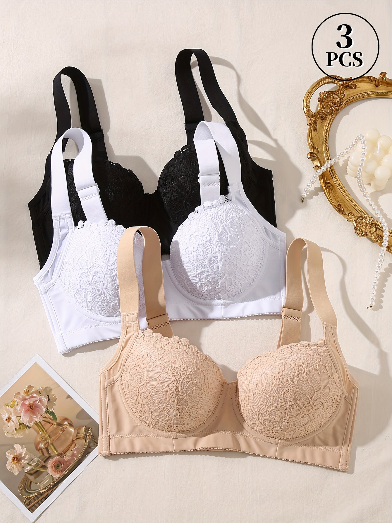 3pcs Elegant Ladies Sexy Lace Bra with Steel Cup - Non-detachable Pads, Exquisite Floral Pattern, Comfortable Support Design, Everyday Lingerie, Women's Undergarments, Feminine Lingerie, Stylish Bralettes, Delicate Stitching,