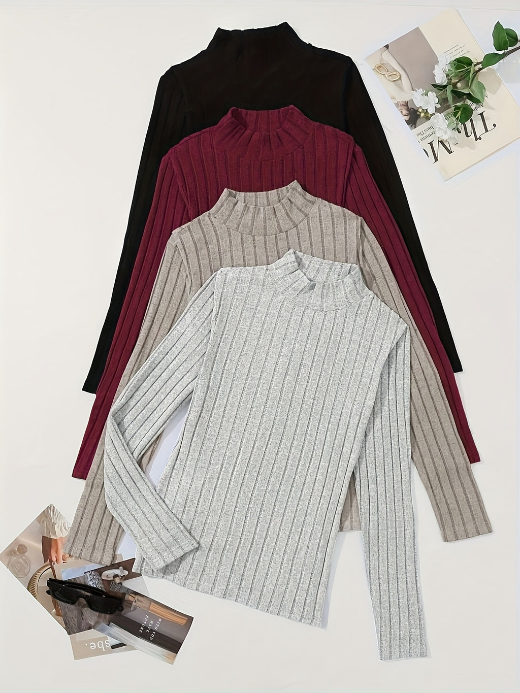 4pcs Solid Color Ribbed T-Shirt Set