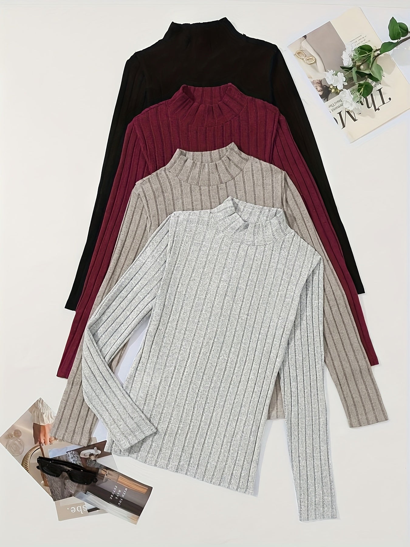 4pcs Solid Color Ribbed T-Shirt Set