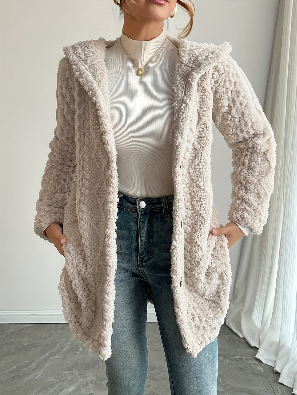 Elegant Beige Faux Fur Hooded Cardigan for Women - Long Sleeve, Button-Up Mid-Length Winter Coat with Pockets, Warm & Stylish Fall/Winter Outerwear, Cozy Clothing | Buttonup Cardigan | Structured Design