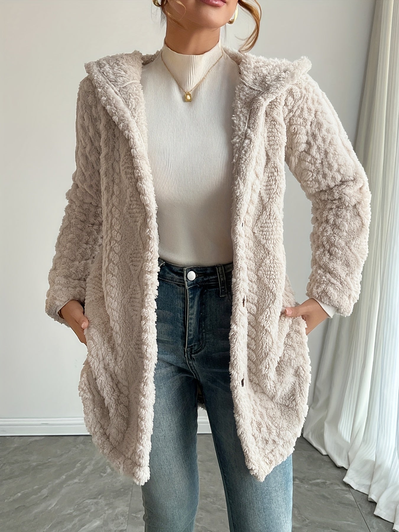 Elegant Beige Faux Fur Hooded Cardigan for Women - Long Sleeve, Button-Up Mid-Length Winter Coat with Pockets, Warm & Stylish Fall/Winter Outerwear, Cozy Clothing | Buttonup Cardigan | Structured Design