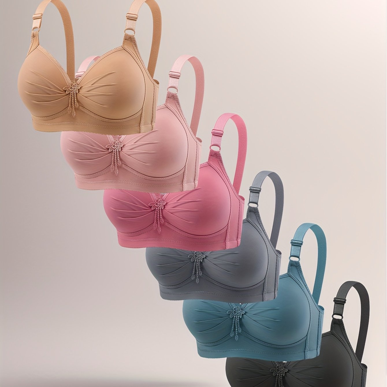 6pcs Women'S Wire-Free Smooth-Finish Back-Closure Bras with Adjustable Wide Straps & Decorative Pleats - Soft Comfort & Breathability, 6 Colors (, Pink