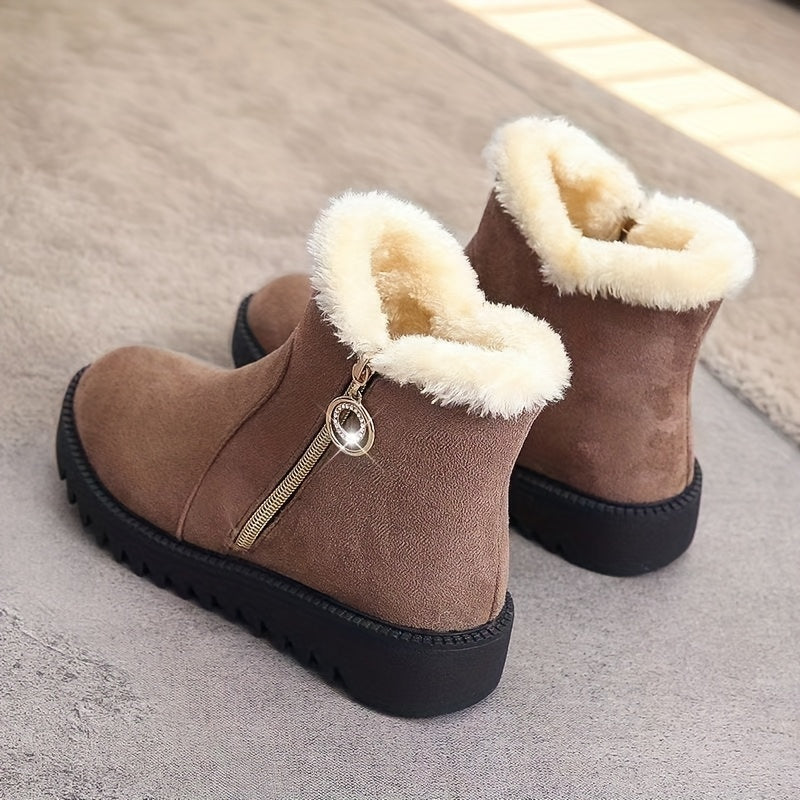 Women'S Winter Snow Boots with Side Zipper & Rhinestone Chain - Thick Rubber Sole, Warm Fleece Lining, Round Toe & Cushioned Insole - Elegant Casual Boots for