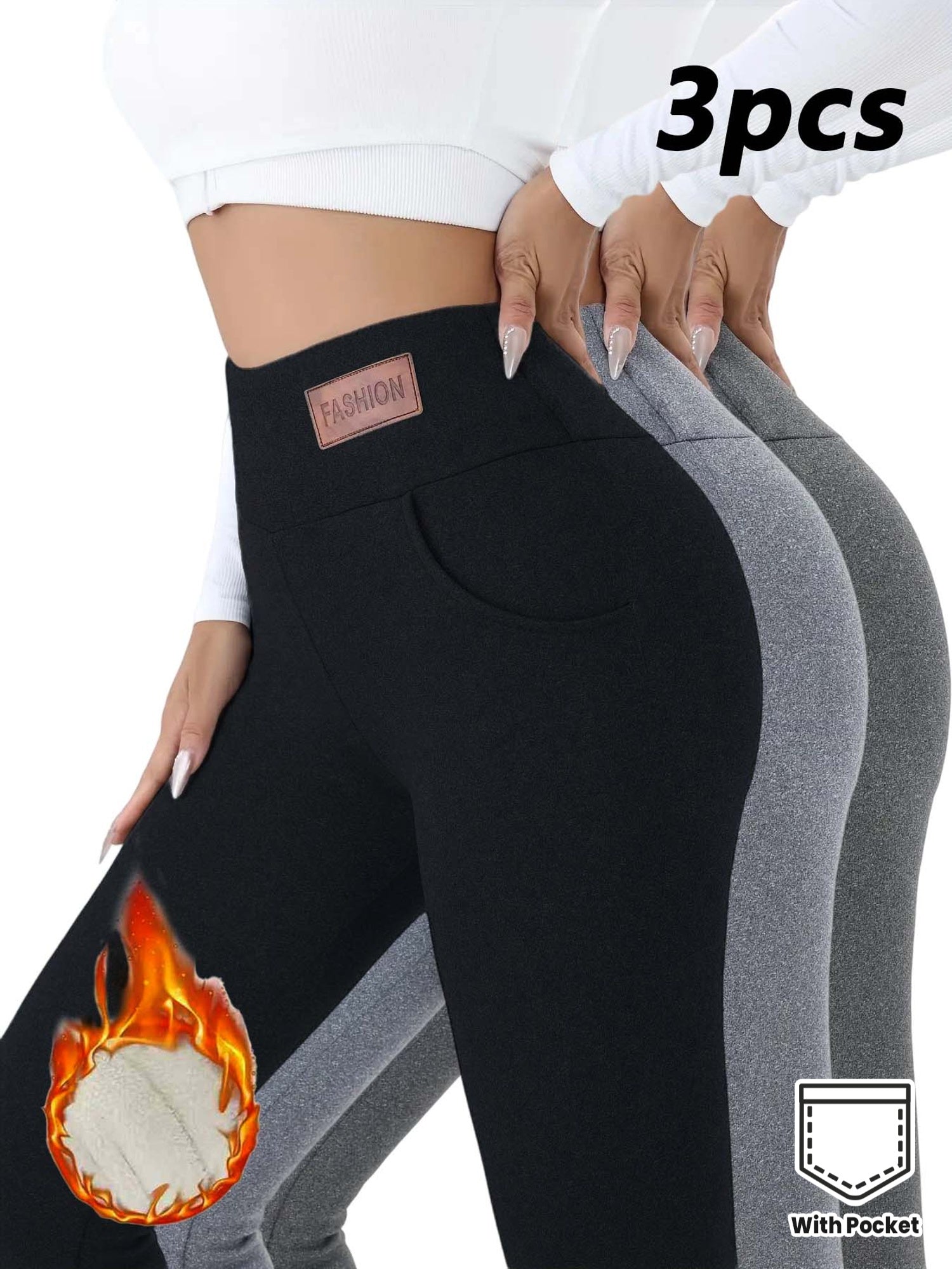 3pcs Women'S High-Waisted Plush-Lined Leggings with Pockets - Soft, Warm, Stretchy & Comfortable for Fitness, Casual Wear, and Outdoor, Solid Color, High Elasticity, Perfect for Fall and Winter, Leggings | Highwaisted Legging