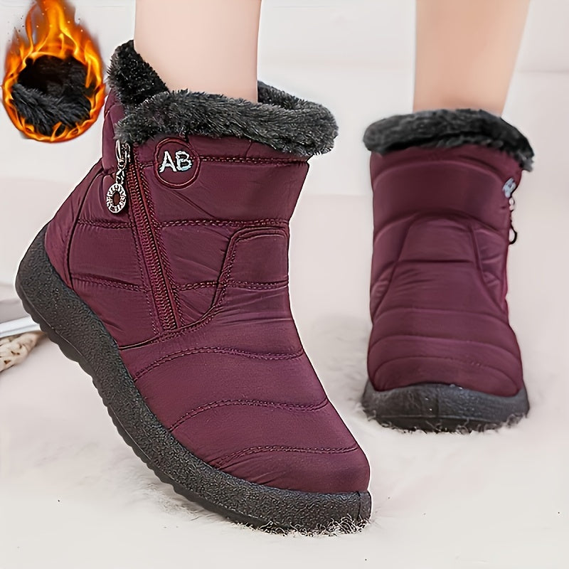Women's High Quality Winter Thermal Snow Boots - Heavy-Duty -like Texture (PU) Round-Toe with Faux Trim, Lace-Up Ankle Boots with Arch & Traction Tread for Ice & Snow - Burgundy/ Color Options, Warm & Durable Winter Shoes for