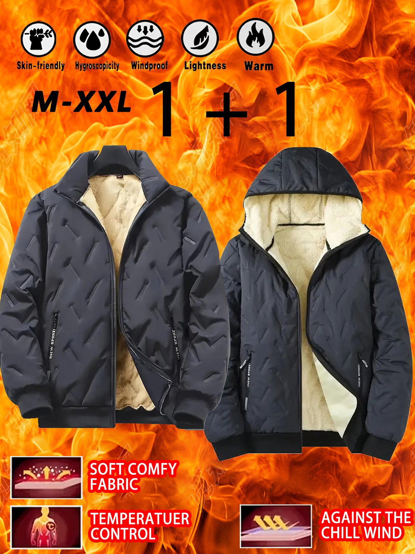 2pcs - High quality two-piece Men's standing collar jacket, long sleeved jacket, Men's hooded long sleeved jacket, Men's winter casual jacket set, with plush lining polyester fabric zipper pocket, suitable for sports, leisure