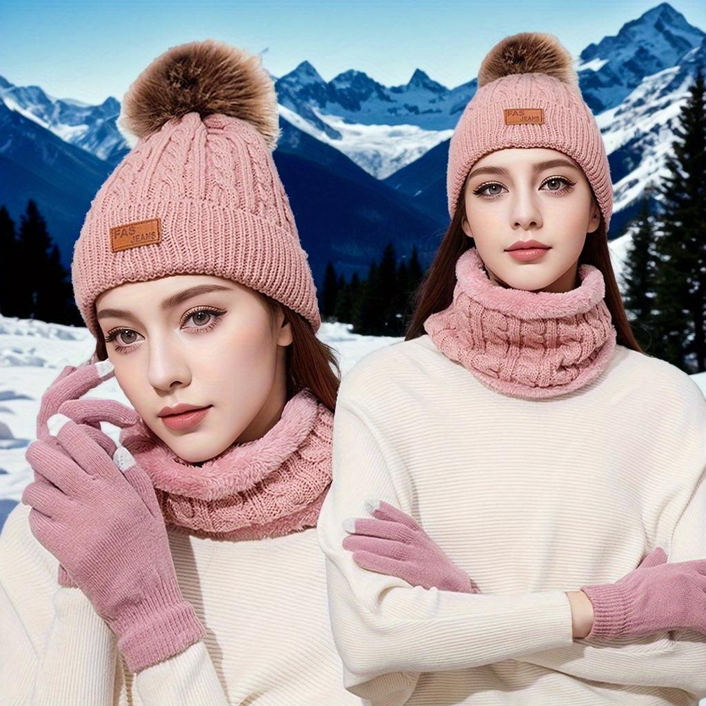 Three-piece Adult Warm Suit, Winter Hat, Scarf, Touch Screen Gloves, Three-in-one Warm Suit, Including Thickened Hat, Scarf, Touch Screen Gloves, Cold and Frostproof, Suitable for Daily Travel, Shopping, Outdoor Activities