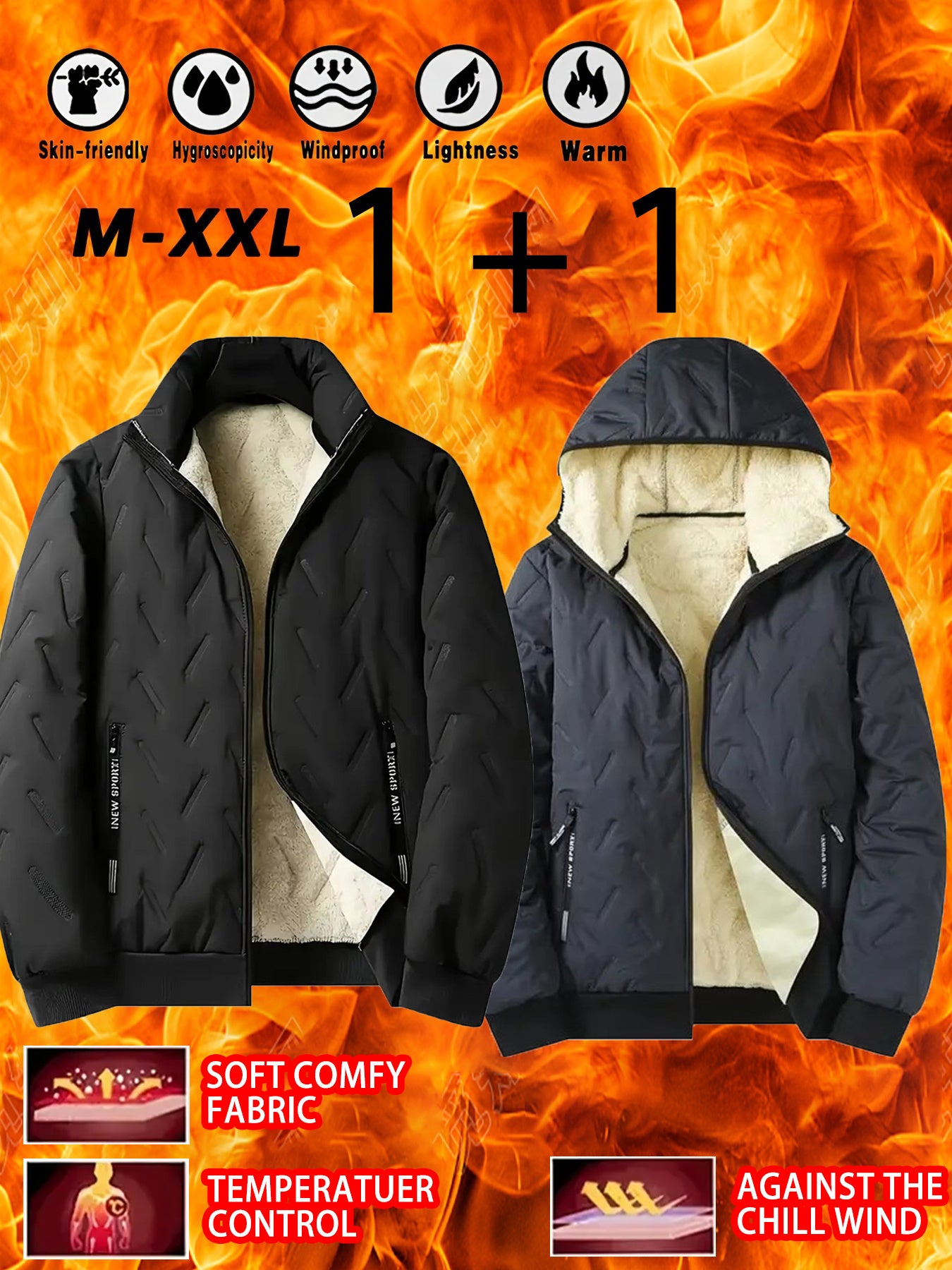 2pcs - High quality two-piece Men's standing collar jacket, long sleeved jacket, Men's hooded long sleeved jacket, Men's winter casual jacket set, with plush lining polyester fabric zipper pocket, suitable for sports, leisure