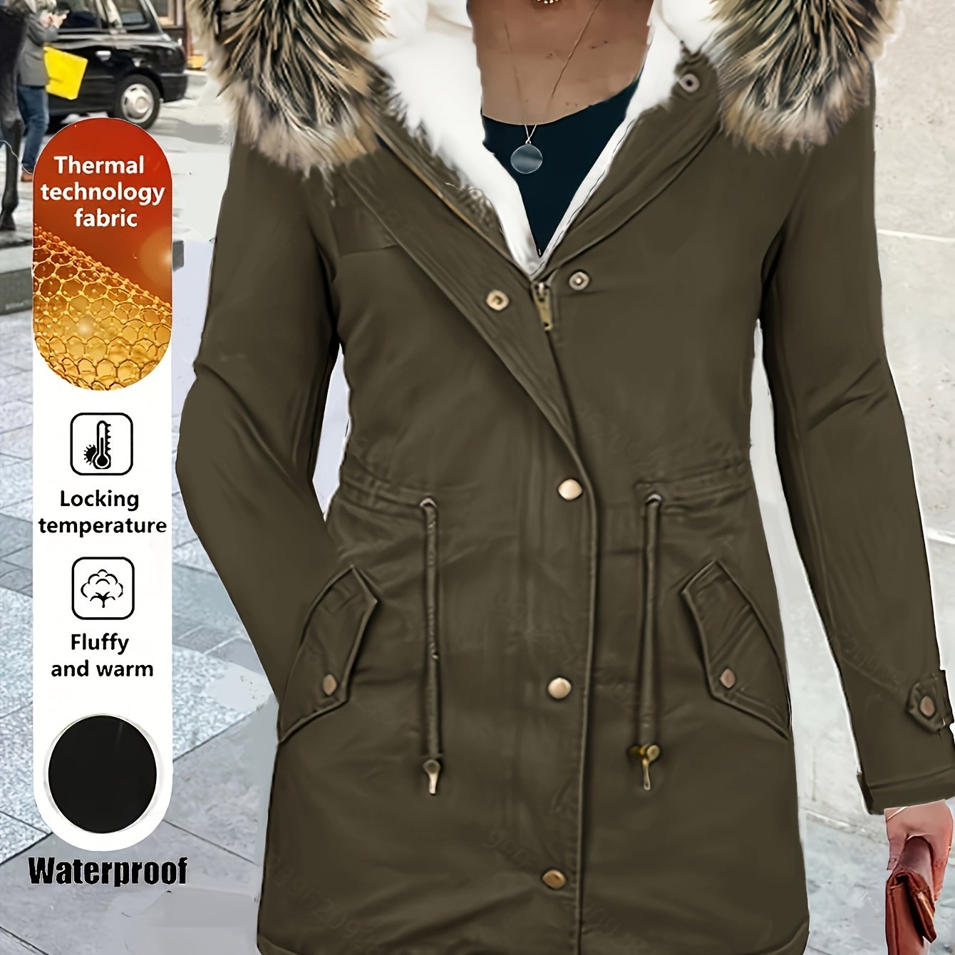 Women'S Thermal Insulated Fleece-Lined Military Parka Coat with Detachable Faux Fur Hood & High Quality High Quality Fabric - Heavy-Duty Winter Jacket, Full-Zip Closure, Golden-Tone Hardware, Utility Pockets, Adjustable Draws
