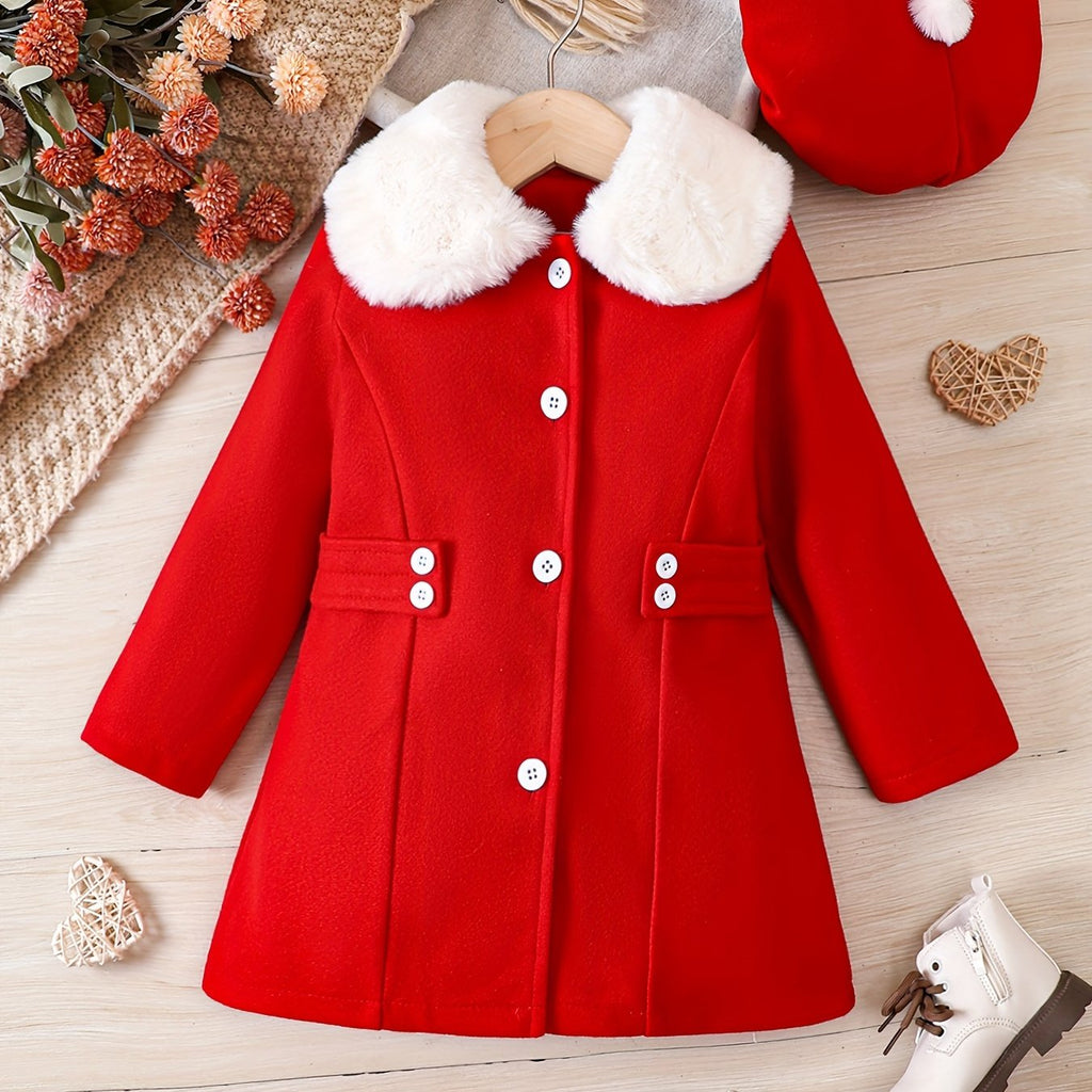 Girls' Luxurious Winter Coat Set - Elegant Dress Coats with Fur Collar, Button Front, and Matching Hat - Warm, Stylish, and Chic Outerwear for Cold Weather