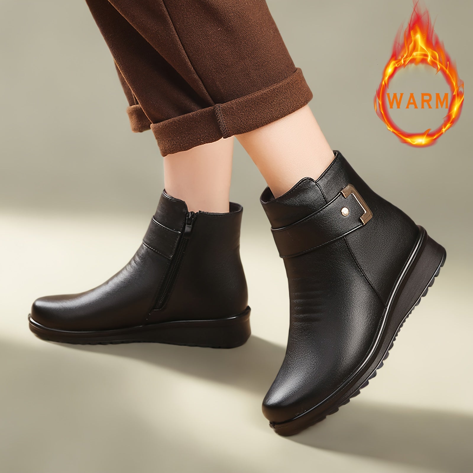 Women's Fleece-Like Winter Boots with Dress Compatibility - Retro Round-Toe Ankle Booties, Golden-Tone Buckle-Like Zipper Closure, Faux Cover Upper & PU Sole, Warm Round Heel for Dresses/Coutfits (Casual/Dressy) - Hand Washab