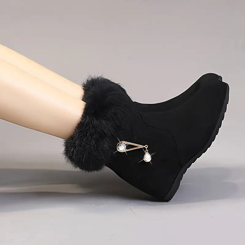 Women's Winter Fleece-Lined Thermal Boots with Rhinestone-Adorned Side Zipper & Thick TPR Sole - Cushioned Insole, Round Toe, Faux Cover Lining - Elegant Party & Everyday Boots for Women (Black) - Easy Slip-On Design, Hand Wa